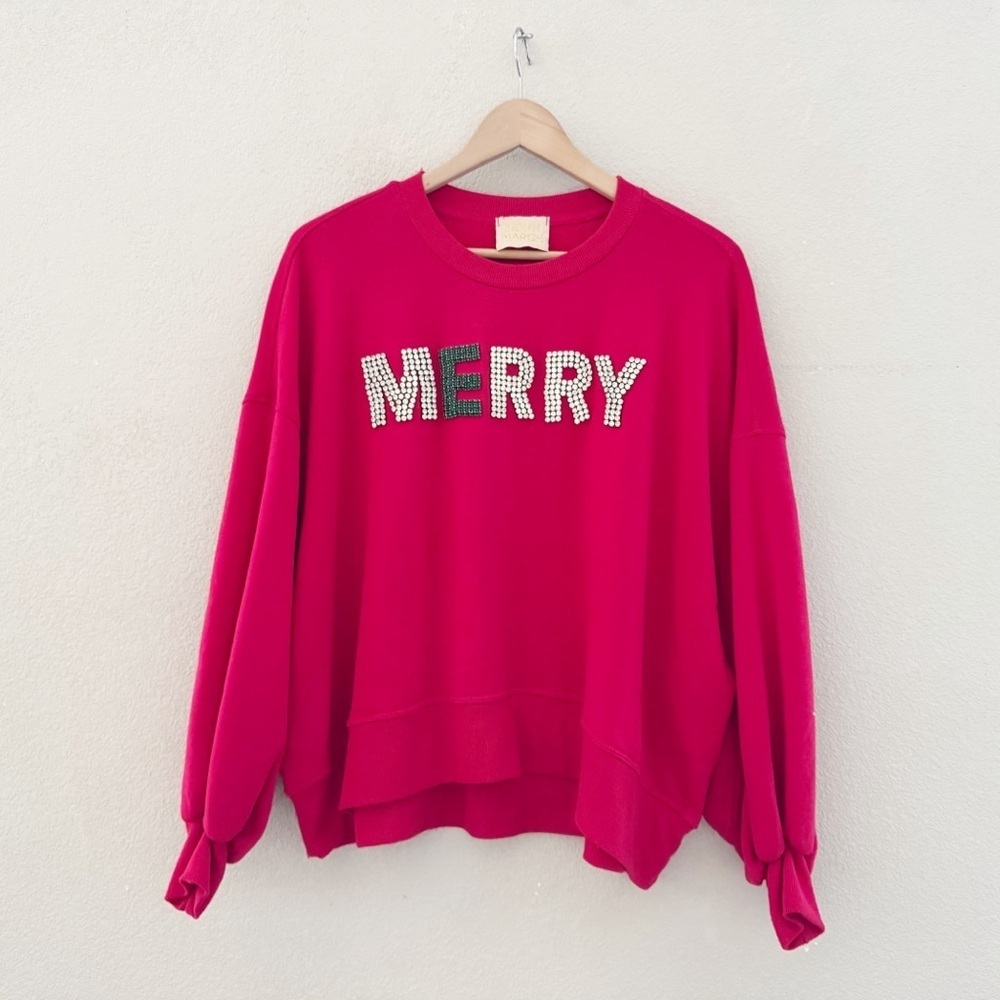 Judith March MERRY Rhinestone Sweatshirt Large Red Green Holiday Festive Fun - Picture 3 of 11